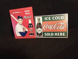 lot 42 image: Baseball player Ted Williams metal sign and Coca-Cola metal sign