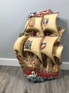 lot 241 image: Wall Hanging 3-D Chalkware Galleon Sailing Ship, Nautical Wall Art, VERY LARGE 23 tall x 16 across