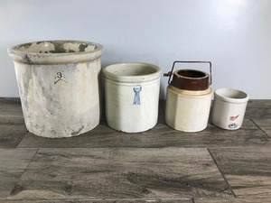 lot 245 image: Lot of 4 Collectible Crocks - Biggest is 3 Gallon