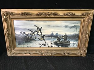 lot 20 image: Antique Wood Frame With Ducking Hunting Picture with Glass Front