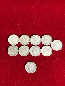 lot 299 image: Lot of 9 Roosevelt Dimes (1952-1964) & 1 Mercury Dime - dates are listed in description