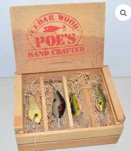 lot 341 image: Set of 4 Cedar Wood Handcrafted Fishing Lures - Box is sealed with Plastic so its Hard to Get a Picture of the Actual Lures - Picture of the Lures is an example of what they kind of Look like - Colors are different