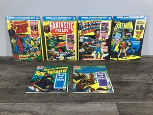 lot 369 image: Lot of 6 Collectible Comic and Record Sets (45rpm) - Batman - GI Joe - Spider-Man - Fantastic Four - Captain America
