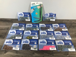 lot 390 image: Lot of 14 Bags of Juice Plastic Baits and 1 New in the Package Fish Hook Remover