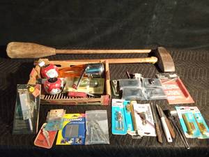 lot 148 image: Vintage pestle (Vegetable masher), Vintage railroad spike driver, door locks , tools and more