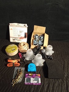lot 480 image: New Freeze protection cable, 3 sizes of wheel sets, glass shades, tie down, rope and more