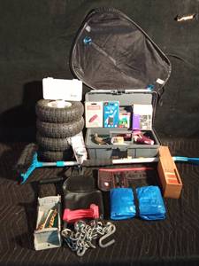 lot 462 image: Plano box of tools, Plano tackle box,tarp, can crusher, Awls in pkg. in wooden box, money clip and more.