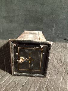 lot 95 image: Vintage safety deposit box with wooden drawer