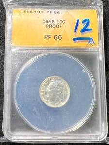 lot 10 image: 1956 US PROOF ROOSEVELT DIME ANACS PF66