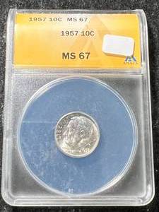 lot 22 image: 1957 US ROOSEVELT DIME ANACS MS67