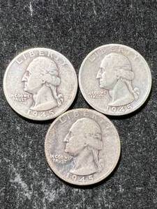lot 23 image: 3 US WASHINGTON QUARTERS 1945P-D-S