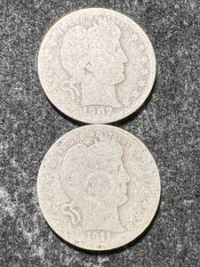 lot 27 image: 2 US BARBER QUARTERS 1902-O 1911-D