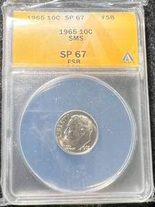 lot 28 image: 1965 US ROOSEVELT DIME ANACS SP67 FSB
