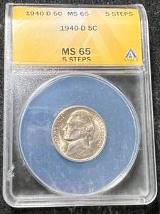 lot 35 image: 1940-D US JEFFERSON NICKEL ANACS MS65 5 STEPS