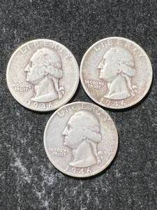lot 39 image: 3 US WASHINGTON QUARTERS 1946P-D-S