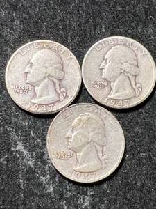 lot 44 image: 3 US WASHINGTON QUARTERS 1947P-D-S