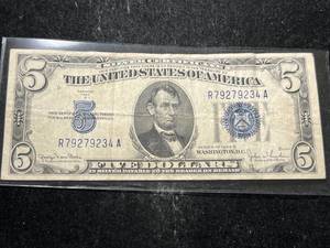 lot 74 image: 1934-D US BLUE SEAL $5 SILVER CERTIFICATE