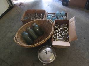 lot 15 image: Lot of canning jars, basket and woo...