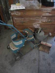 lot 40 image: Vintage stroller, dust pan and wate...