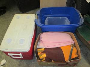 lot 84 image: Coleman cooler, blankets and afghan...