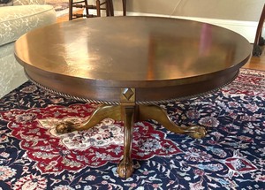 lot 4 image: Vintage Round Coffee Table with Wooden Pedestal Base
