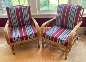 lot 6 image: Pair of Bamboo Armchairs with Striped Cushions