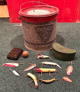 lot 50 image: Vintage Falls City Minnow Bucket, Lures and More