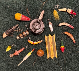 lot 54 image: Collection of Vintage Fishing Lures and Reel