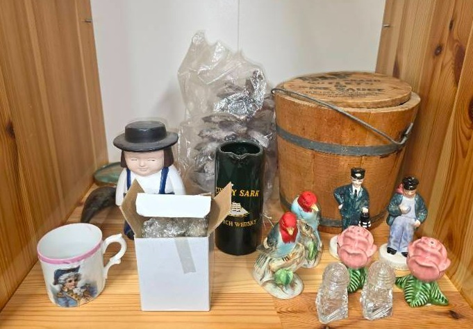 lot 10 image: Wooder Pale, Salt and Pepper shakers, Vintage Magnifying Glass With Horn Handle, and More
