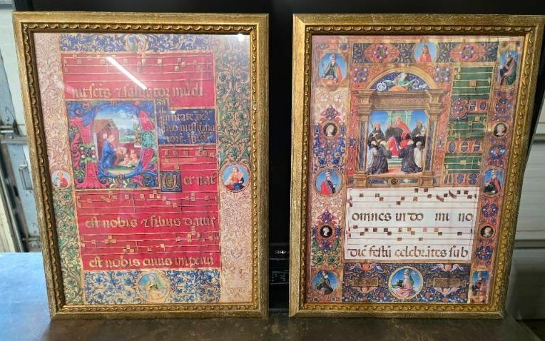 lot 40 image: Two framed reproductions of pages from an illuminated manuscript