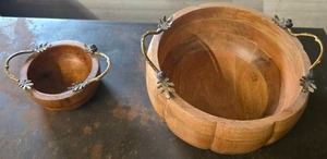 lot 63 image: 2 Hardwood Rustic Bowls with wrought iron handles