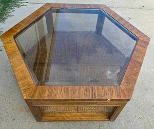 lot 76 image: Drexel Hexagonal Glass-top Wicker Coffee Table