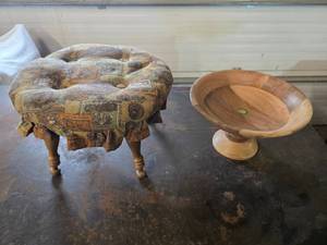 lot 67 image: Decorative Vintage Retro Fabric Round Sewing Footstool and Wooden Fruit Bowl