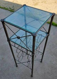 lot 79 image: Iron wine rack with glass shelves