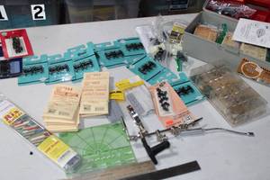 lot 77 image: Huge Lot of Train parts, Trucks, Connectors, Tools, Scale Ruler, Couplers and more