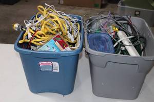 lot 127 image: 2 Bins of Extension Cords, Power Cords, Wires Lights