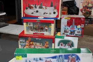 lot 140 image: Christmas Dept 56 Lemax KJOY Radio, Loading the Sleigh, Photo With Santa, Animated Tree Lot, Ice Skating Plaza 