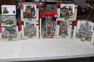 lot 142 image: 7 pc Collection Lemax Christmas Town Hall Clock Tower Warming Hut and more