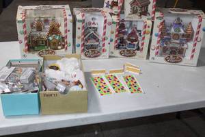 lot 151 image: Bin of Sugar N Spice Christmas Decorations Gingerbread Palace Covered Bridge Lights and Figures