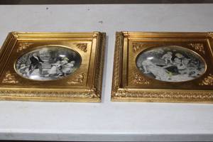 lot 153 image: 2 Victorian Era Paintings on Silk with Gilded Bubble Glass Frame