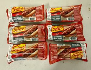 lot 28 image: L. 6x 13.7oz Sahlens Beef Smokehouse Hot Dogs