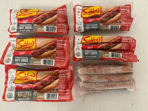 lot 34 image: L. 6x 13.7oz Sahlens Beef Smokehouse Hot Dogs