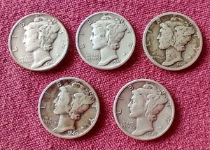 lot 42 image: (5) Mercury Dimes