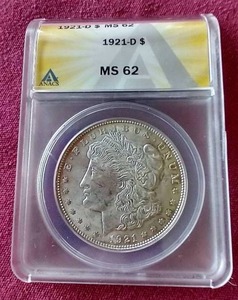 lot 102 image: 1921-D Morgan Dollar - ANACS MS62