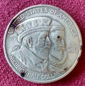 lot 104 image: RARE 1924 Huguenot Commemorative Silver Half Dollar