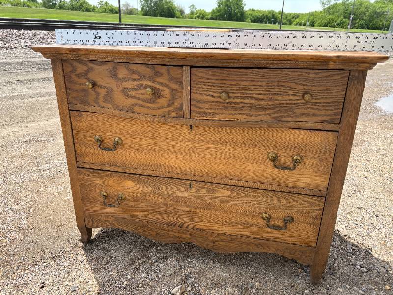 lot 37-J2025 image: Oak buffet, antique, Tiger Oak, white oak, detailed, original brass handles, very nice condition, signs of original paint color on back, 42 inches wide Extra Ship Cost