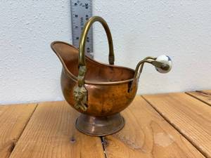 lot 6-J2025 image: Vintage Antique Brass Coal Scuttle Bucket  Planter with Delft Ceramic Details