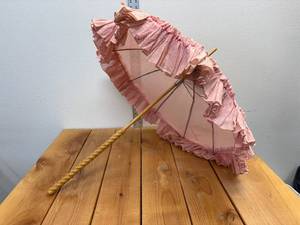 lot 9-J2025 image: Vintage Wood-Handled Parasol Umbrella Candle  Pink with White Polka Dots