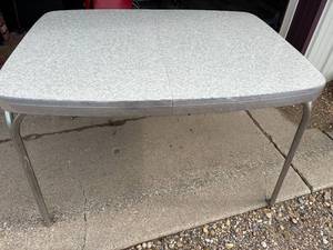 lot 14-J2025 image: Vintage Rectangular Laminate Kitchen Table with 4 Chairs  Dated July 1, 1955