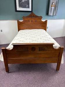 lot 168-J2025 image: Victorian Hand-Carved Eastlake Walnut Full-Size Bed with Burlwood Inlay